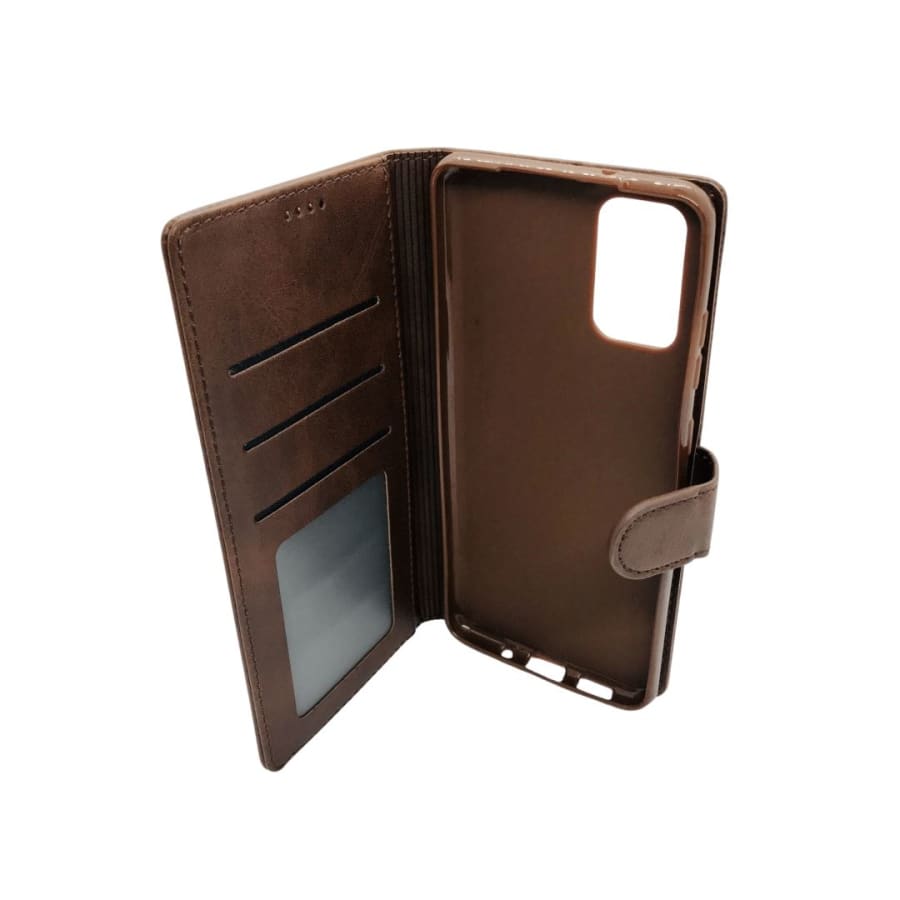 Brown synthetic leather flip case for Samsung Galaxy S20 Plus by 9eight5, showing the front cover and interior design.