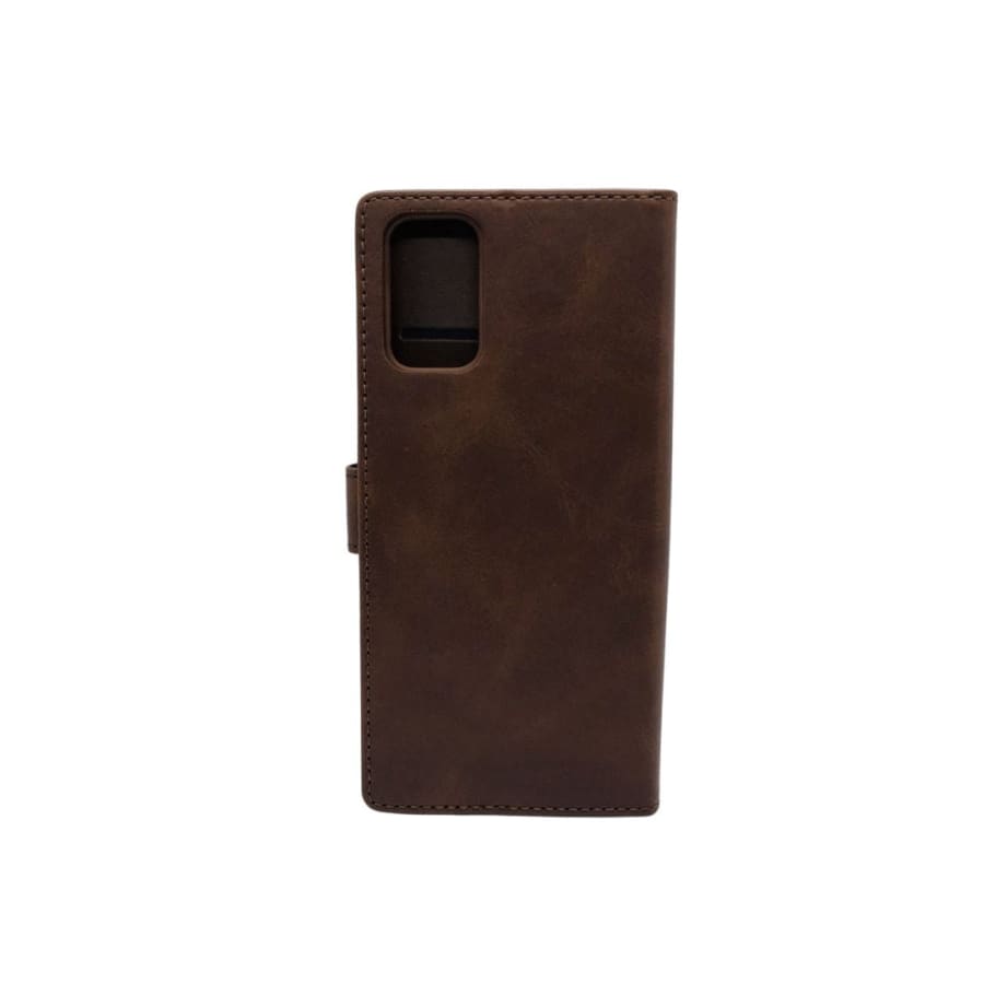 Brown synthetic leather flip case for Samsung Galaxy S20 Plus by 9eight5, featuring a protective design with precise cutouts.