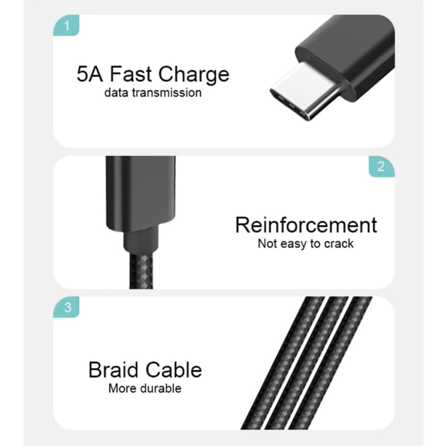 Black 2m Type C to Type C charger cable for Samsung devices, designed for phone and tablet charging and data transfer.