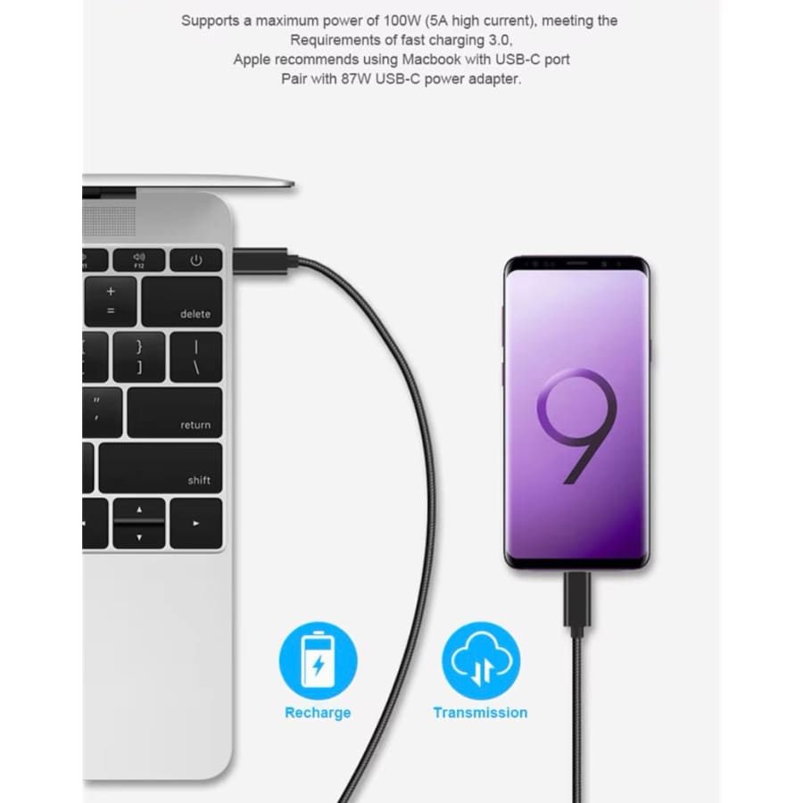 Black 2-meter Type C to Type C charger cable for Samsung devices, compatible phone and tablet accessory by 9eight5.