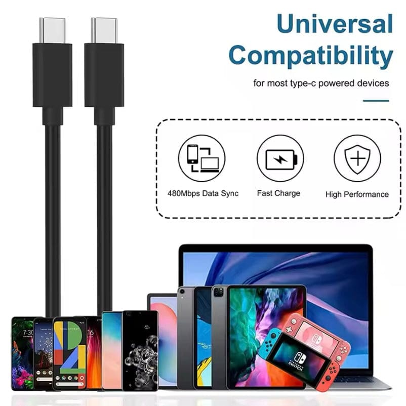 Black 2m Type C to Type C charger cable for Samsung devices, branded 9eight5, showing a durable, flexible charging cable.