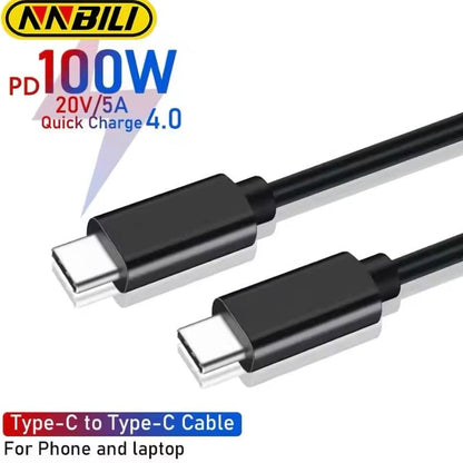 Black 2m Type C to Type C charger cable for Samsung devices by 9eight5, showing the cable connected to a smartphone.
