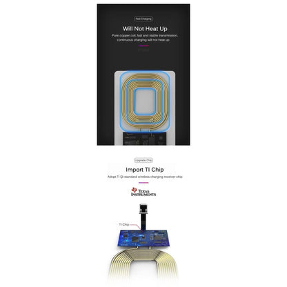 9eight5 wireless charging receiver for iPhone, compact phone accessory with integrated wireless charging module.