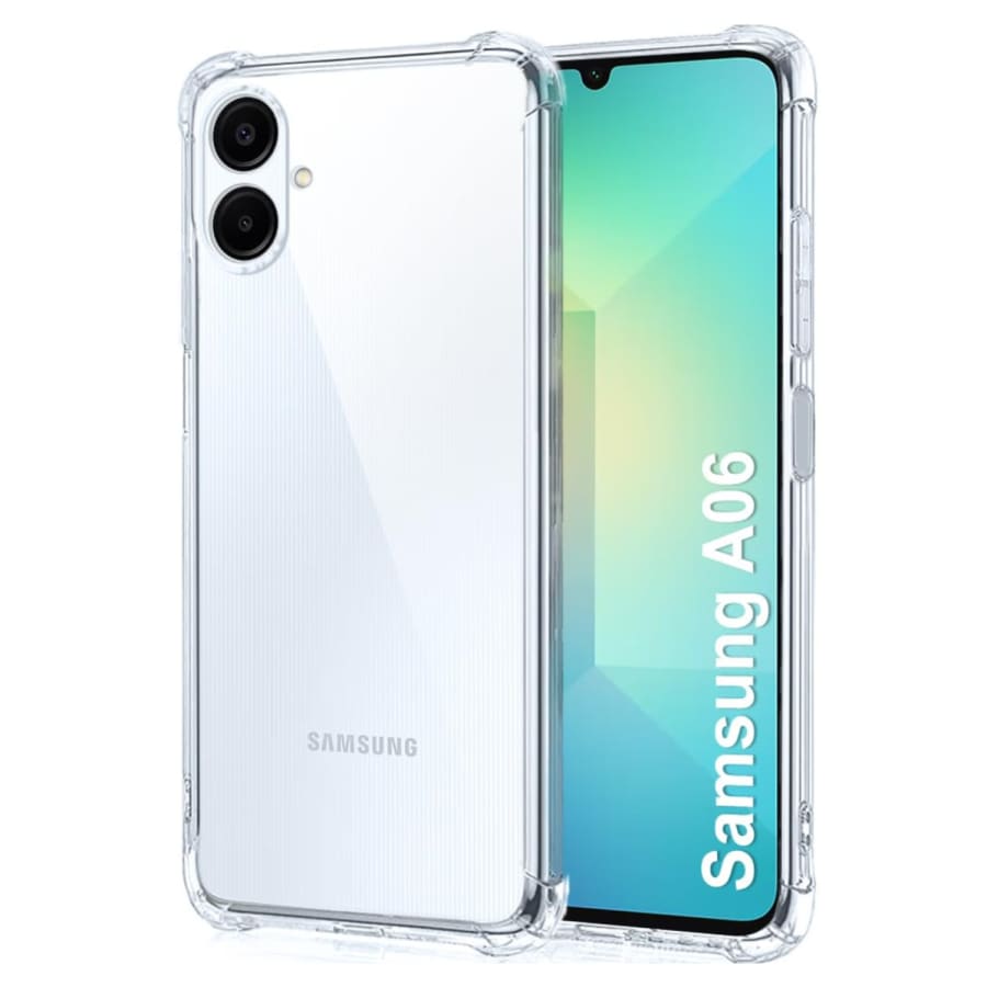 Clear protective case for Samsung Galaxy A06 by 9eight5, showcasing the slim, transparent design and precise cutouts for screen and ports.