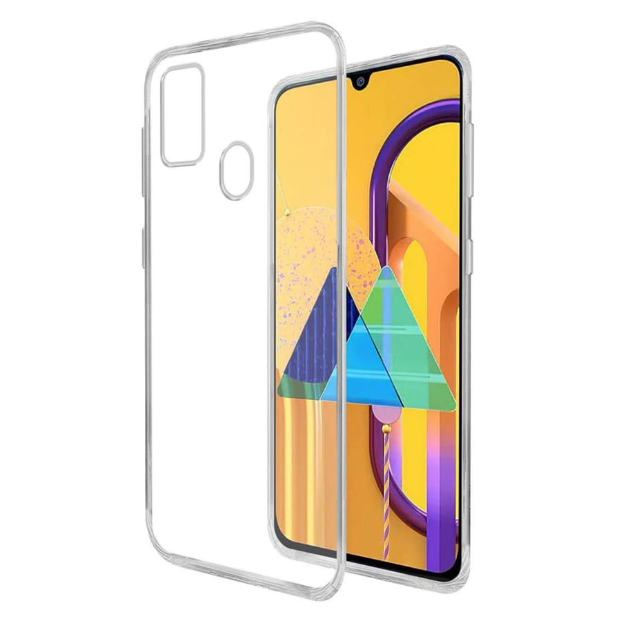 Clear protective case for Samsung Galaxy M21 with screen protector from 9eight5, showing a slim, transparent design on the phone.