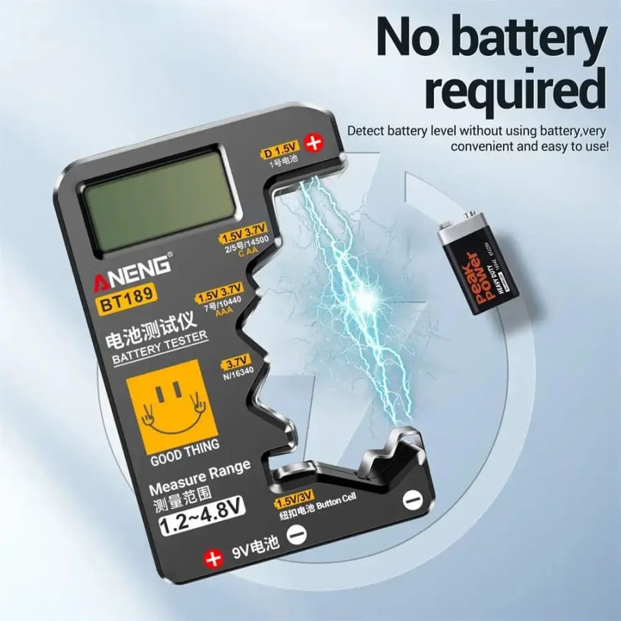9eight5 Battery Tester BT189 showing digital display testing various batteries like AA, AAA, C, D, 9V, 14500, and 16340.
