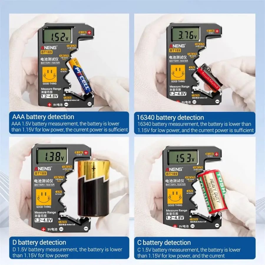 9eight5 Battery Tester BT189 showing test results for button cell, AA, AAA, C, D, 9V, 14500, and 16340 batteries.