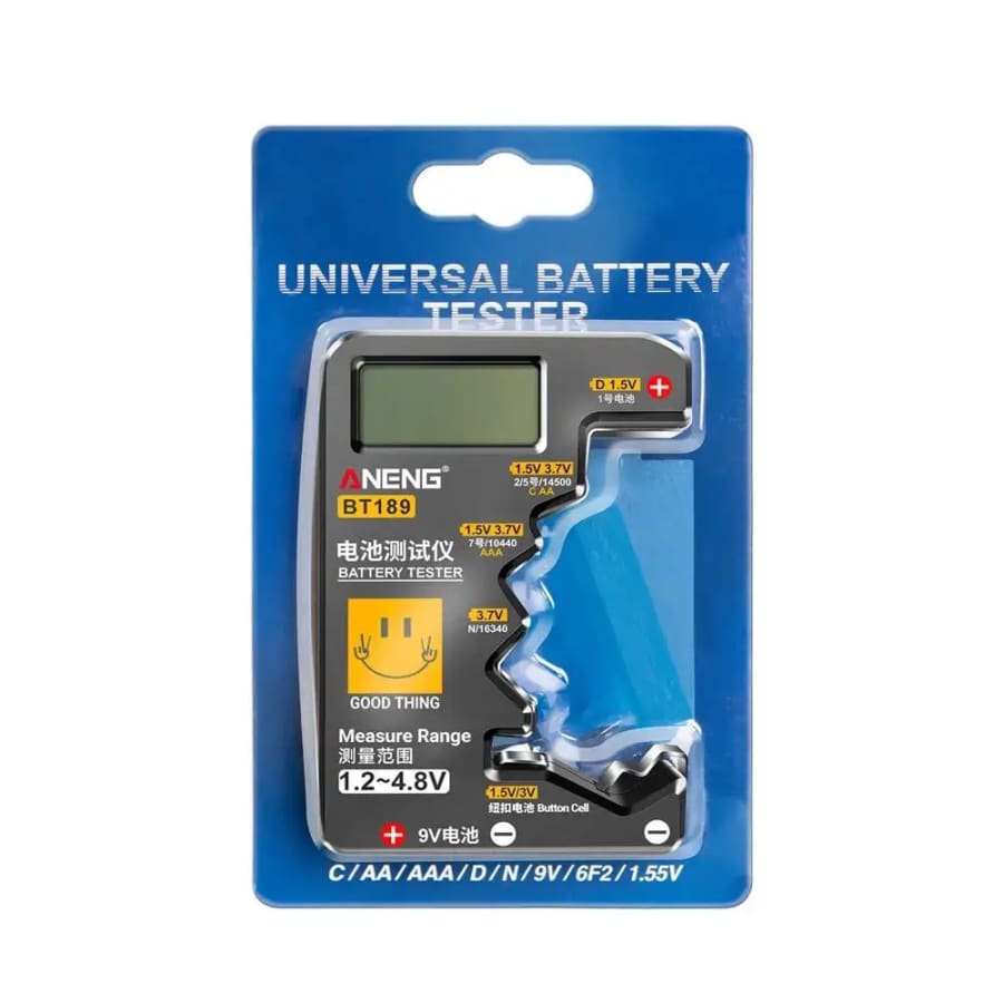 9eight5 Battery Tester BT189 for button cells, AA, AAA, C, D, 9V, 14500, 16340 batteries, in a compact handheld design.