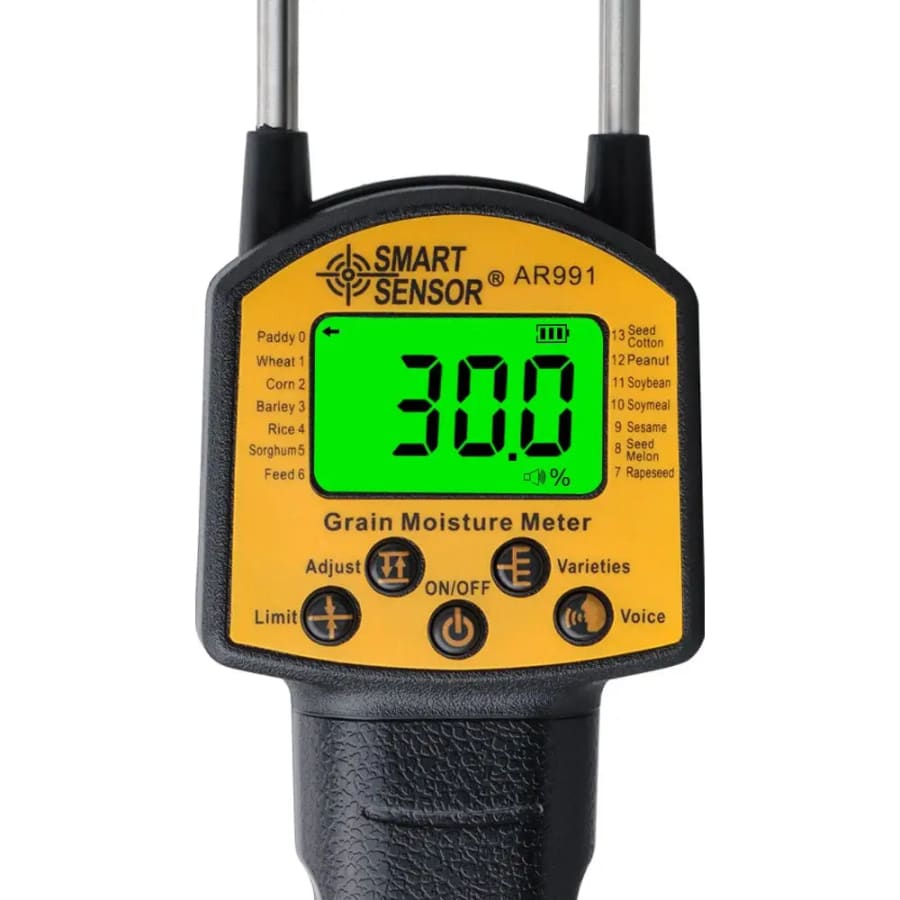9eight5 grain moisture meter for corn, wheat, rice, beans, and fodder, showing digital display and testing grains.