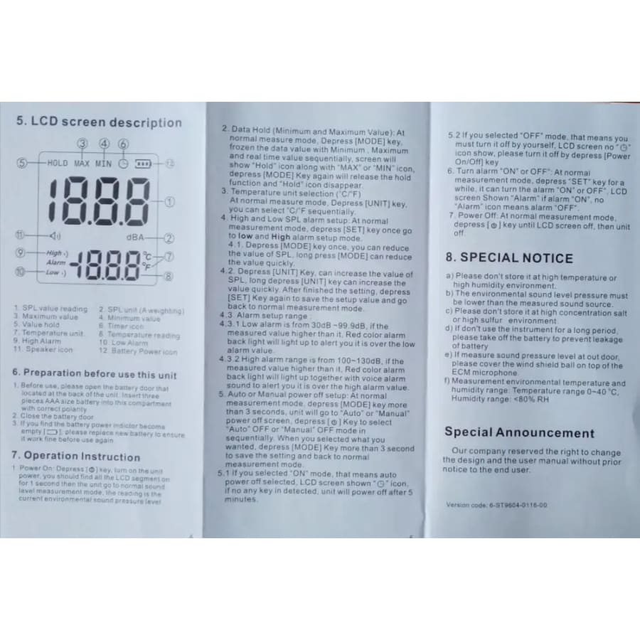 9eight5 sound level noise meter measuring decibels from 30 to 130dB for noise level assessment and sound measurement.