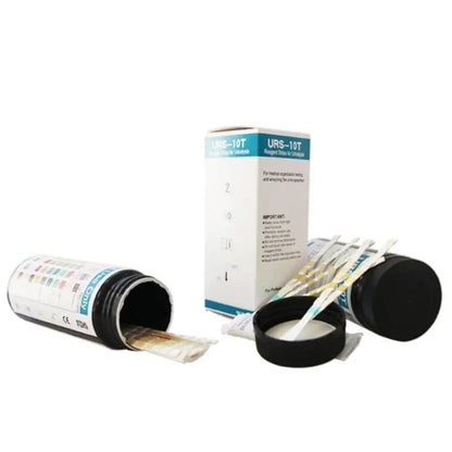 100 9eight5 URS-10T urinalysis reagent strips for 10 parameters, used in diagnostic testing and health monitoring.