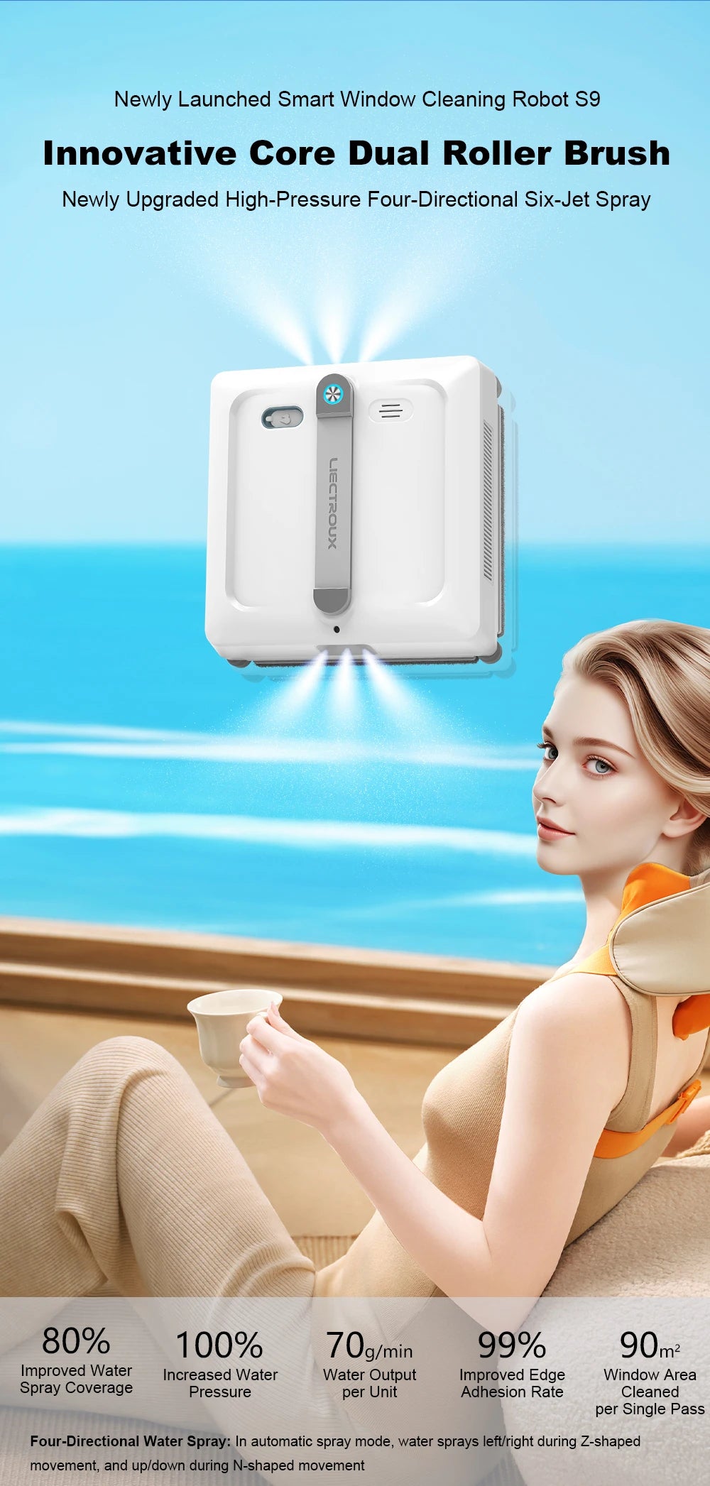 Liectroux S9 robot window cleaner in action, cleaning large glass windows with its sleek design and advanced suction system.