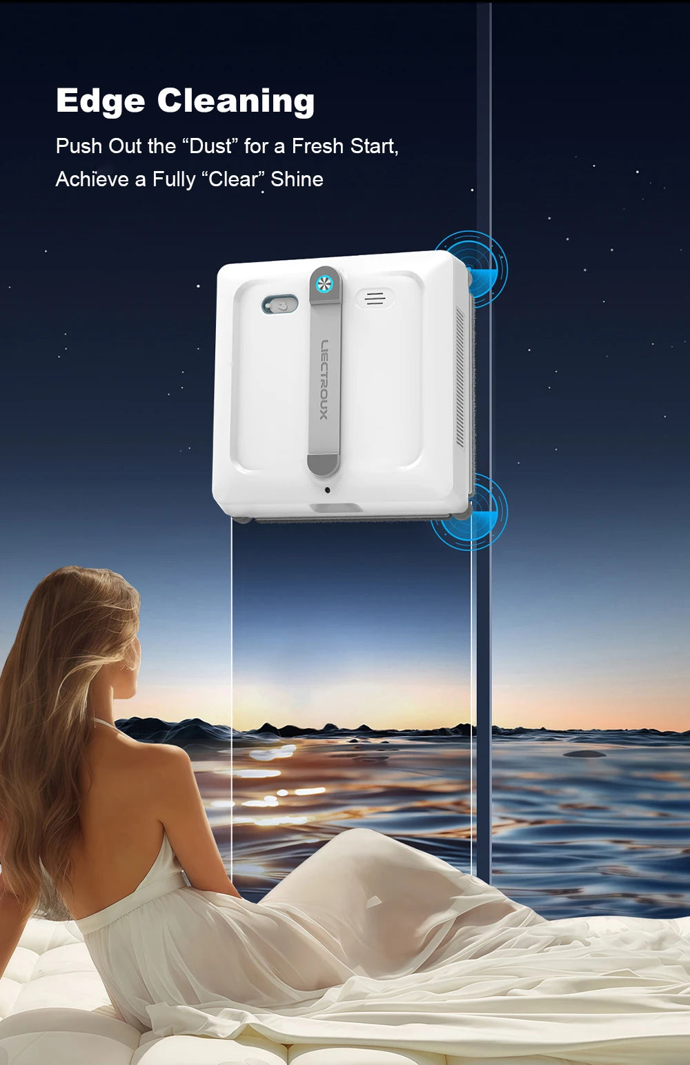 Liectroux S9 robot window cleaner in action on glass windows, showcasing its sleek design and cleaning functionality.