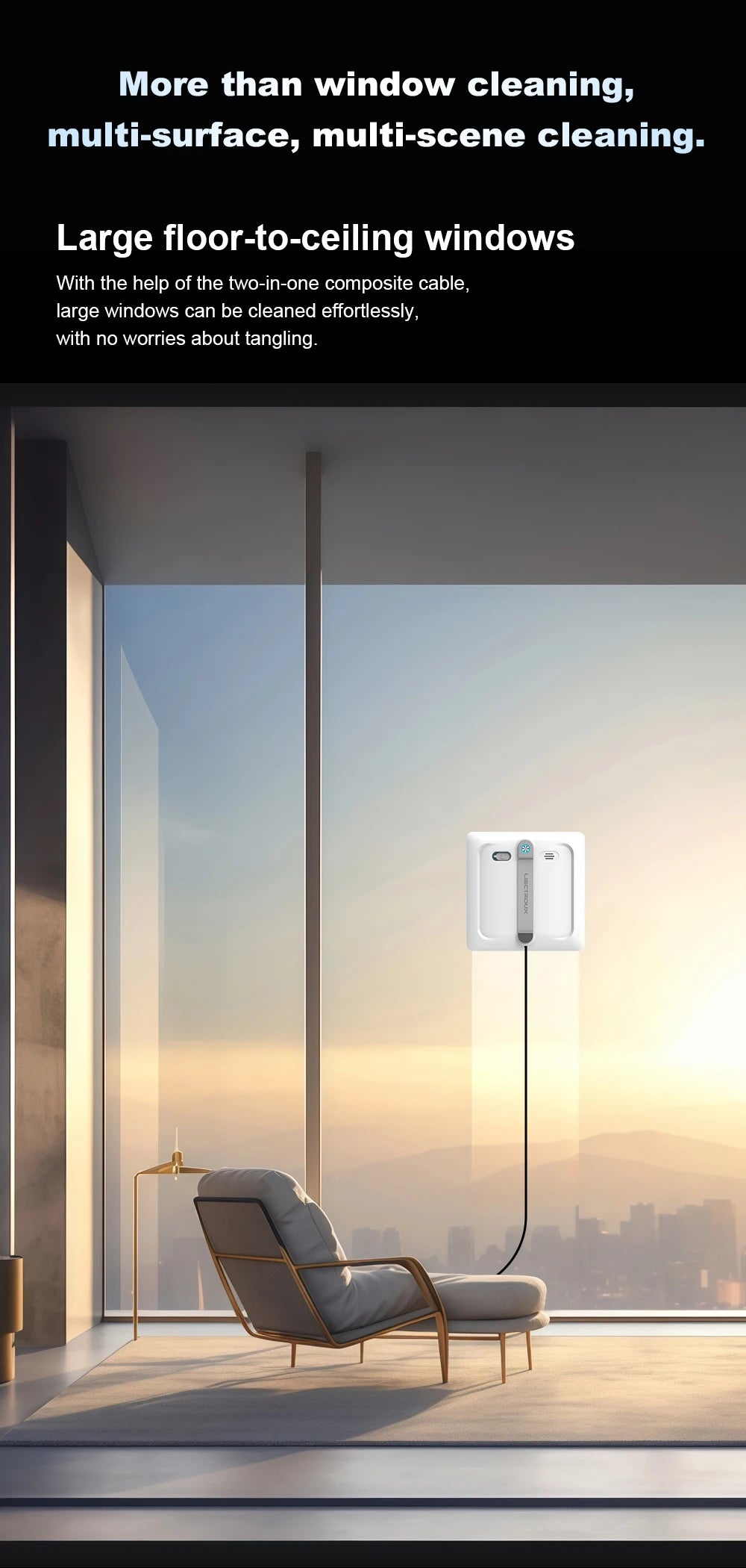 Liectroux S9 robot window cleaner attached to a large glass window, showcasing its sleek design and cleaning pads.