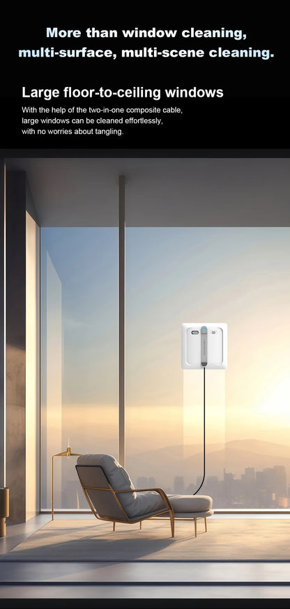 Liectroux S9 robot window cleaner attached to a large glass window, showcasing its sleek design and cleaning pads.