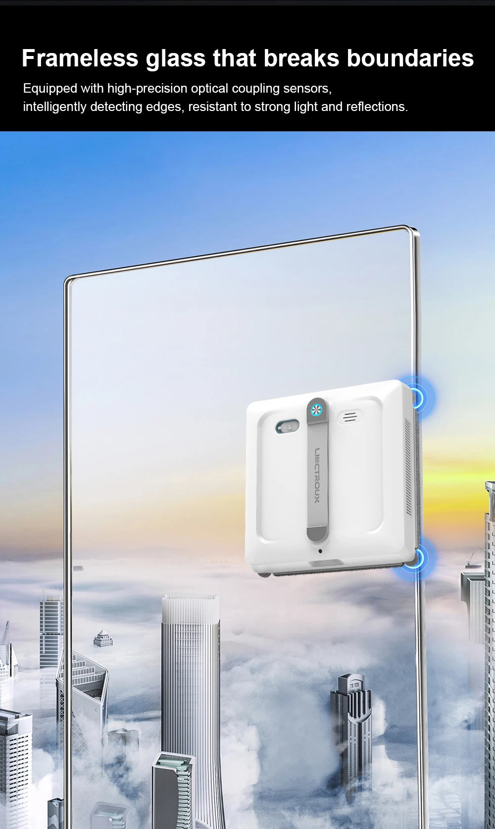 Liectroux S9 robot window cleaner attached to glass, showcasing its sleek design and cleaning pads for efficient window cleaning.