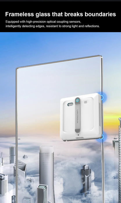 Liectroux S9 robot window cleaner attached to glass, showcasing its sleek design and cleaning pads for efficient window cleaning.