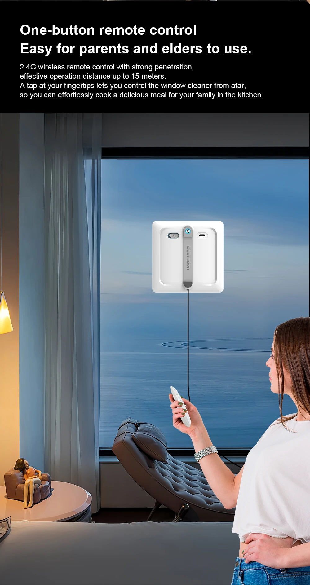 Liectroux S9 Robot Window Cleaner in action on a glass window, showcasing its sleek design and cleaning functionality.