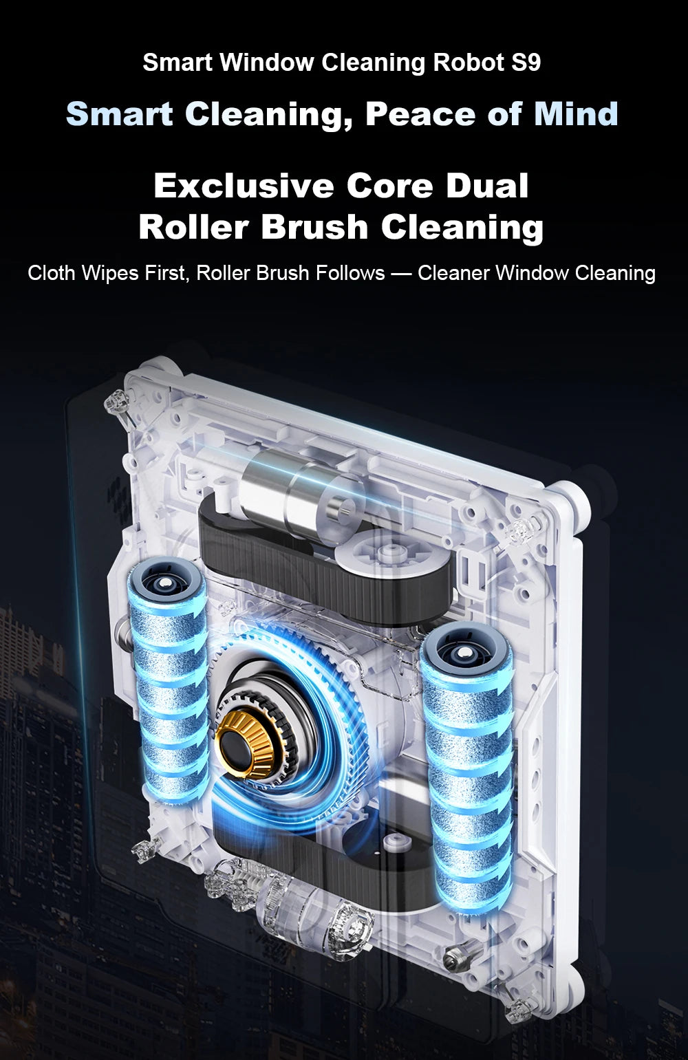 Liectroux S9 robot window cleaner on glass surface, showcasing its compact design and cleaning pads for efficient window cleaning.