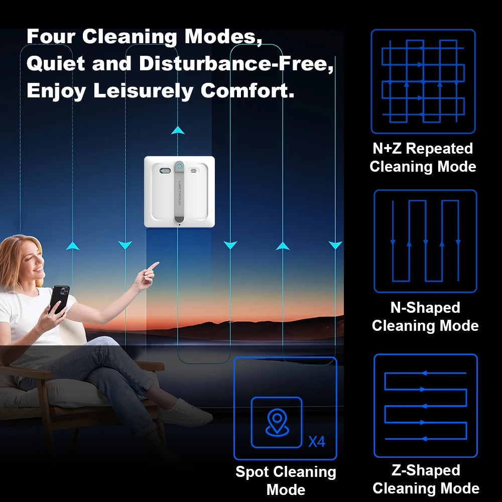 Liectroux S9 robot window cleaner attached to a glass window, demonstrating its automated cleaning function and sleek design.
