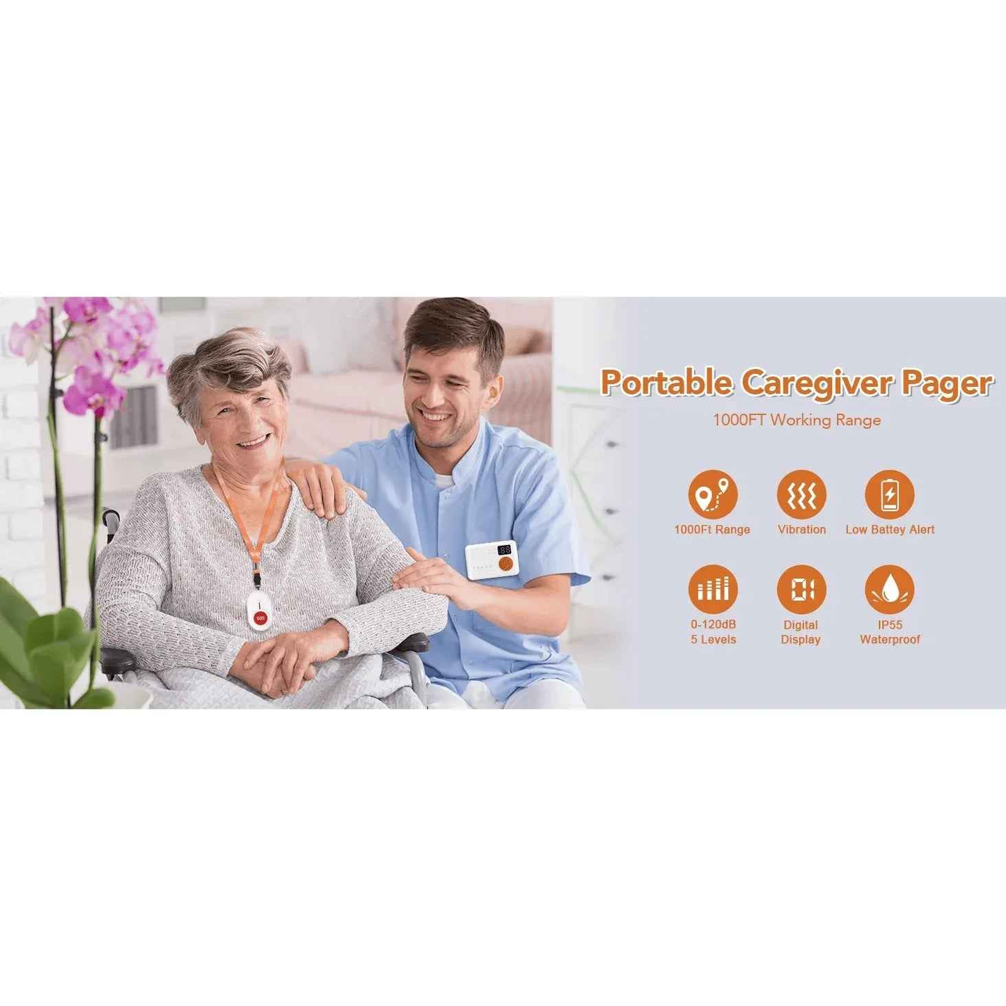 Wireless Caregiver Pager with 2 SOS Buttons (Up to 300mtrs range)