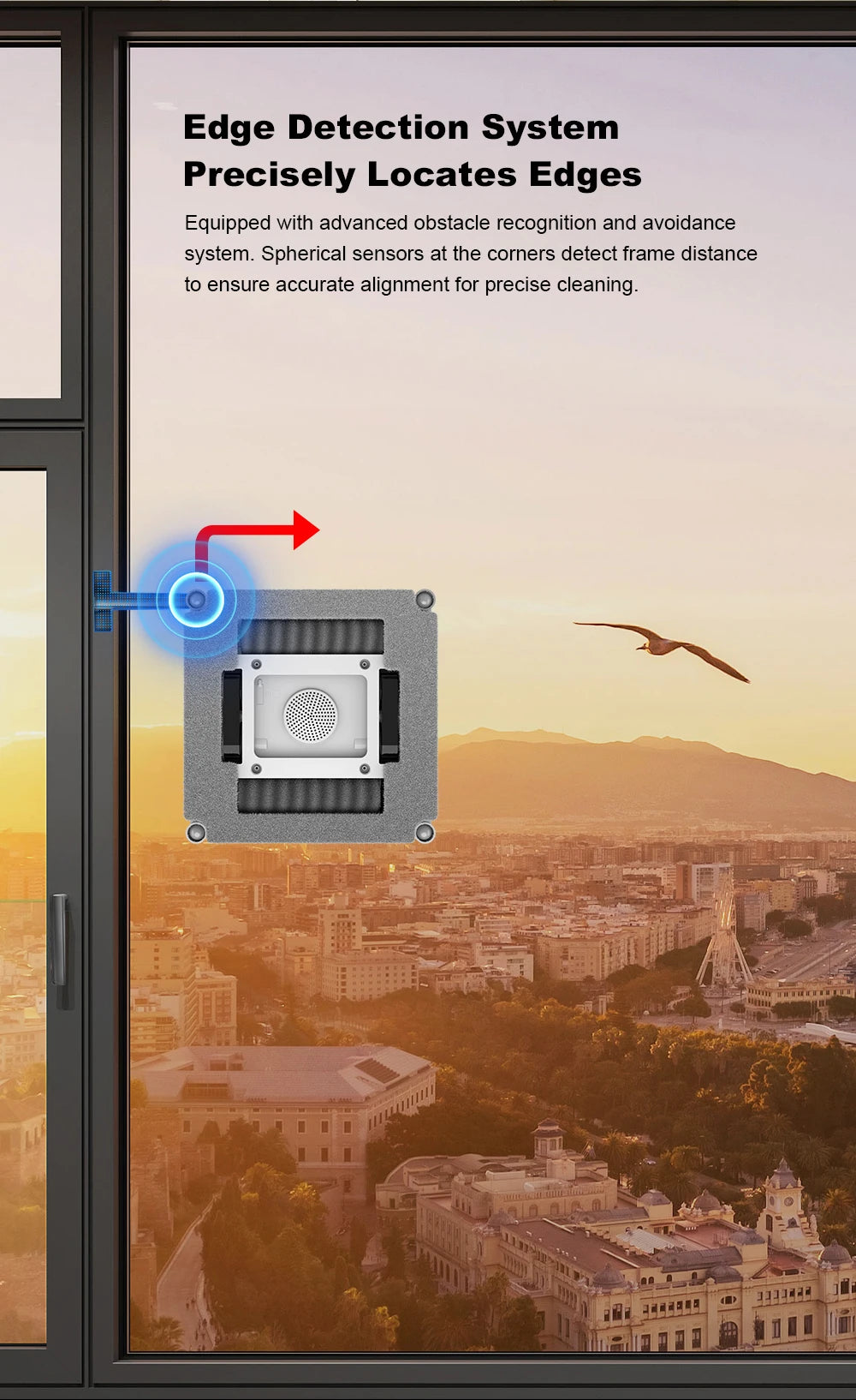 Liectroux S9 robot window cleaner attached to a glass window, demonstrating its suction and cleaning pads on a modern home window.