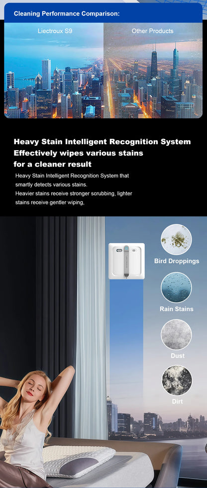 Liectroux S9 robot window cleaner attached to glass, with cleaning pads and safety features visible.