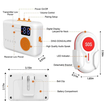 Wireless Caregiver Pager with 2 SOS Buttons (Up to 300mtrs range)