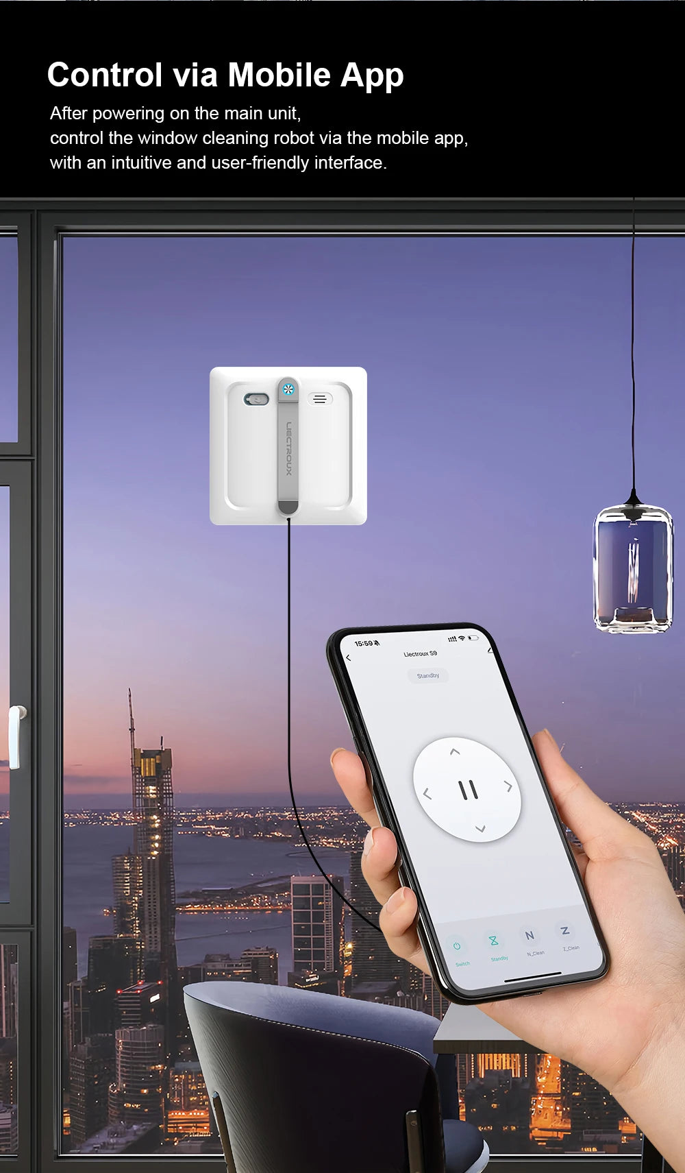 Liectroux S9 robot window cleaner attached to a glass window, demonstrating its cleaning function and sleek design.