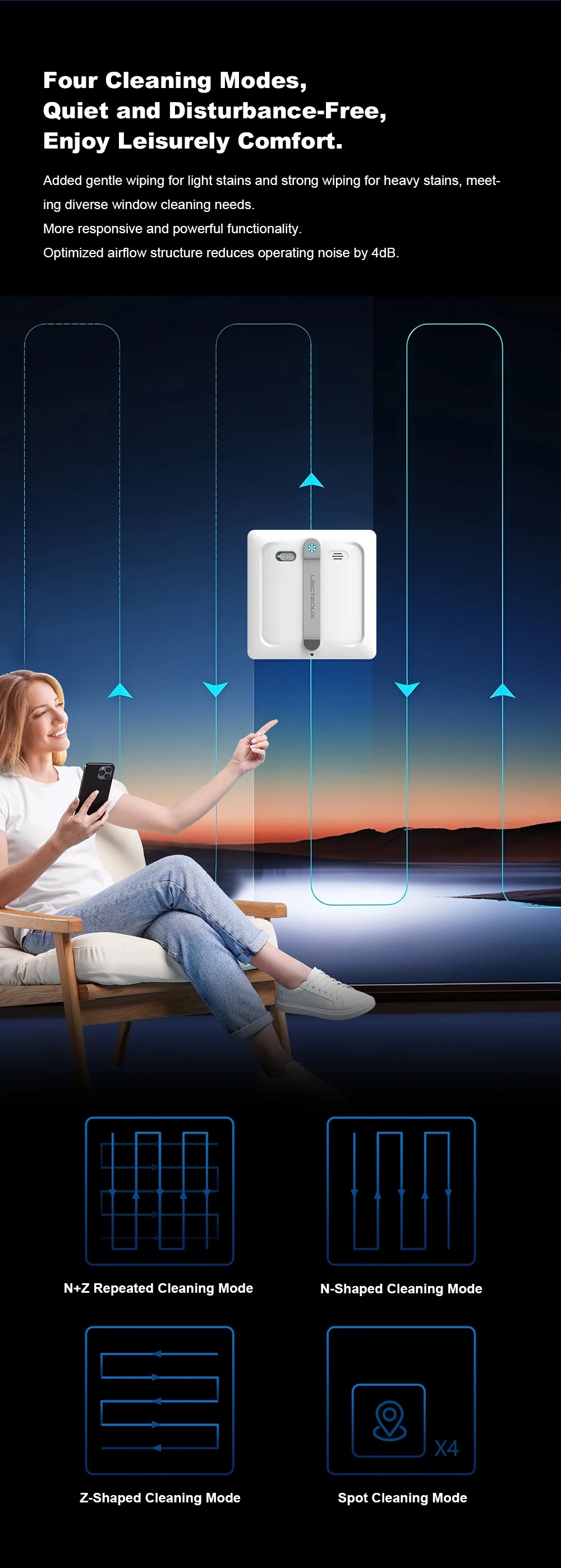Liectroux S9 Robot Window Cleaner with sleek design, shown cleaning large glass window for streak-free transparency.