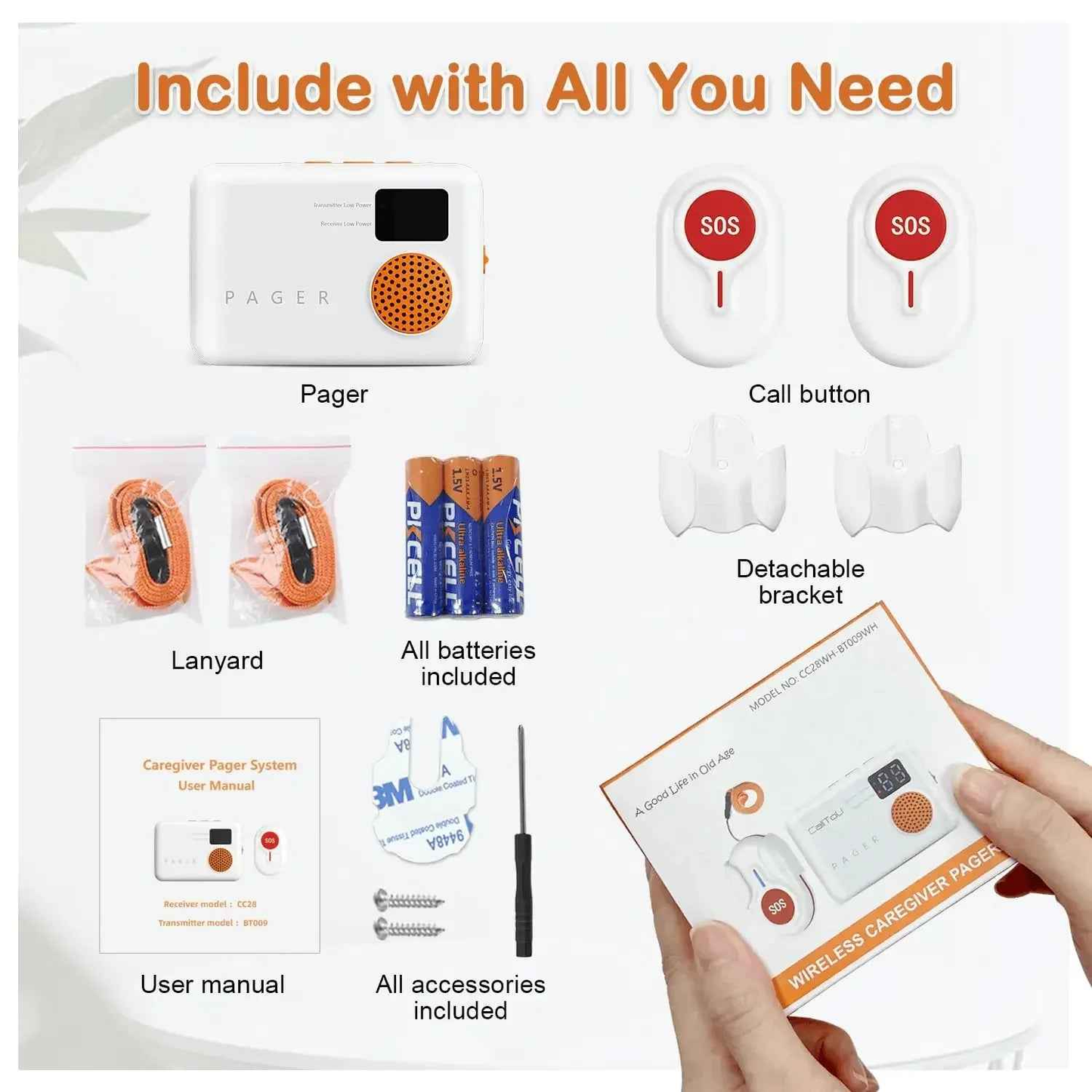 Wireless Caregiver Pager with 2 SOS Buttons (Up to 300mtrs range)
