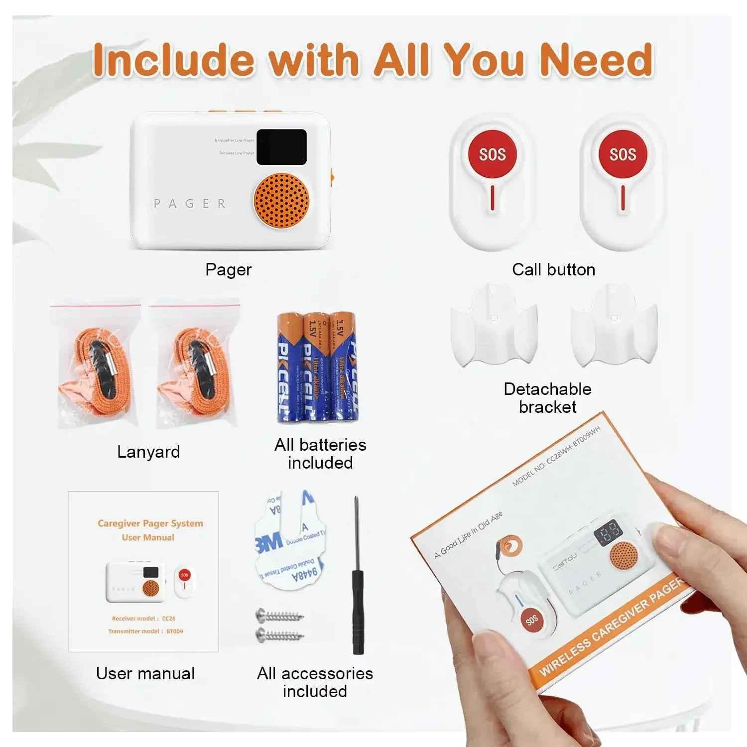 Wireless Caregiver Pager with 2 SOS Buttons (Up to 300mtrs range)