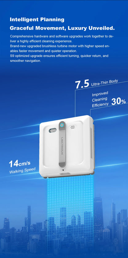 Liectroux S9 robot window cleaner with sleek design, positioned on a glass window for efficient cleaning.