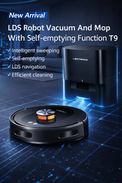 Liectroux T9 robot vacuum cleaner in black, with sleek design and sensors, suitable for hardwood and carpet cleaning.