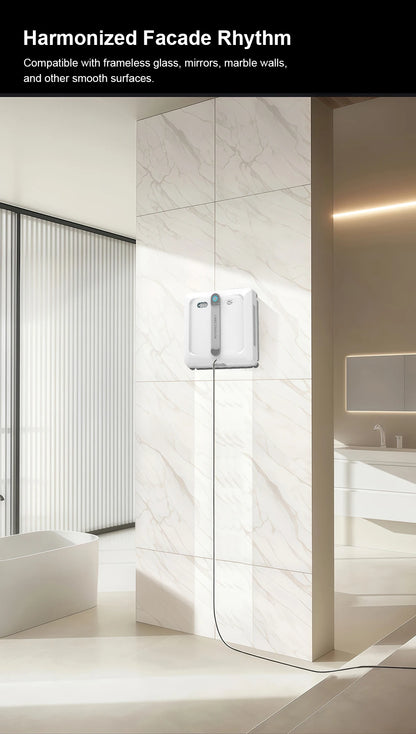 Liectroux S9 robot window cleaner with sleek design, attached cleaning pad, and mounted on glass for efficient window cleaning.