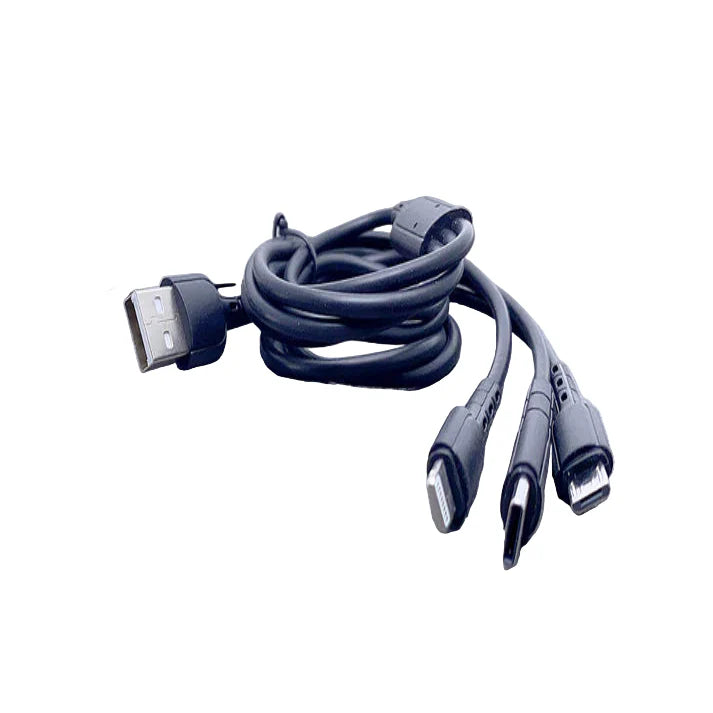 9eight5 Mobigo 1.2m 3-in-1 cable for electronics accessories, showing multiple connector types on a black background.