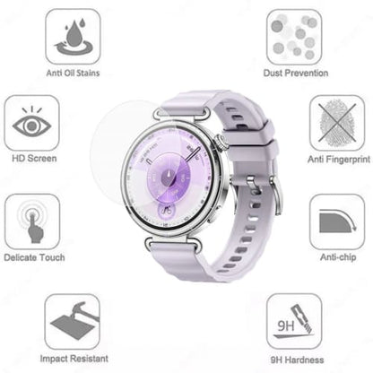 Pair of Huawei GT6 41mm watch screen protectors by That Watch Shop, showing clear, protective film on smartwatch display.