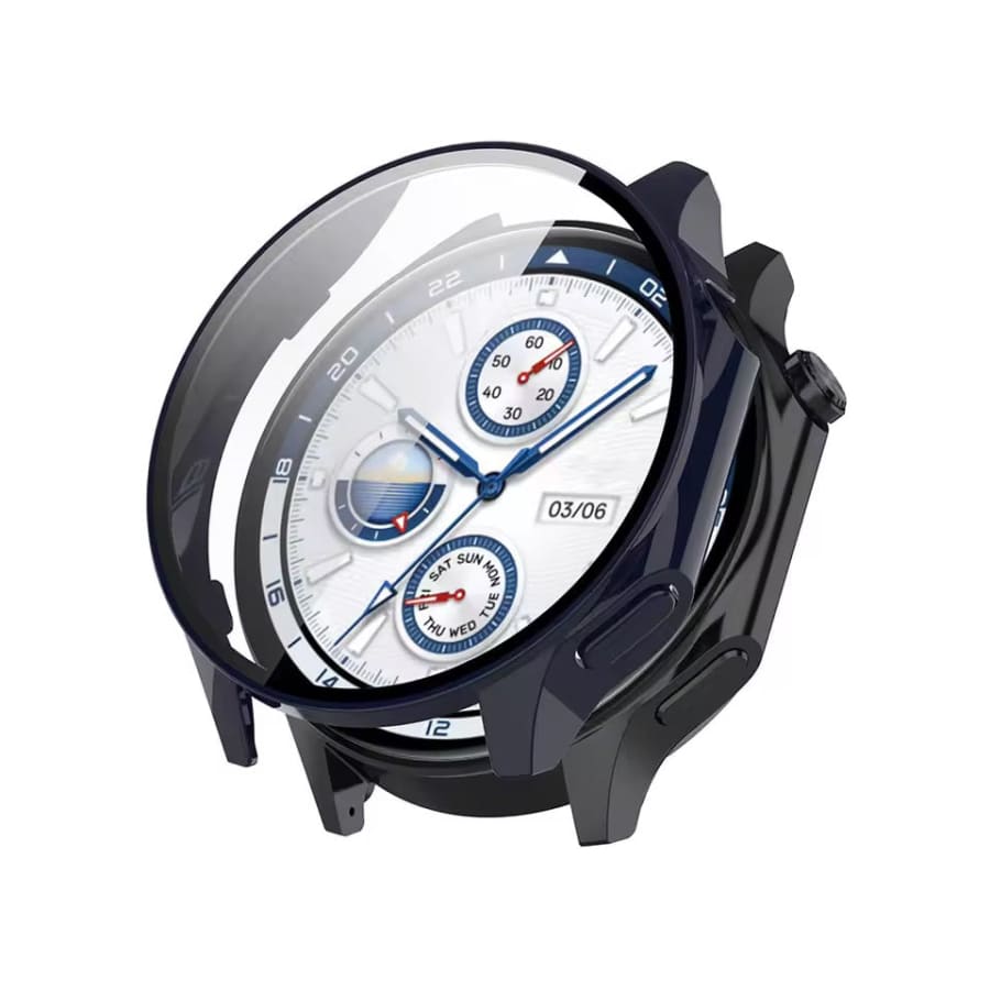 Black protective watch case for Oppo Watch X, designed by That Watch Shop, shown on the watch in a close-up image.