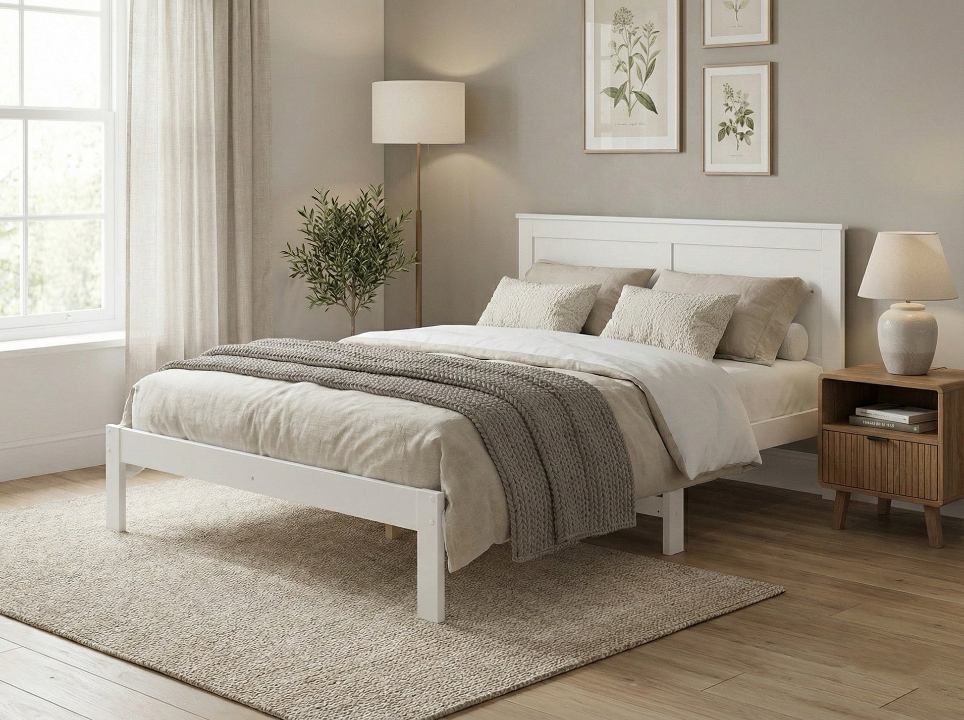 White queen-sized 'Metro' solid pine bed frame by sue-e furniture, showcasing its sturdy wooden construction and modern design.