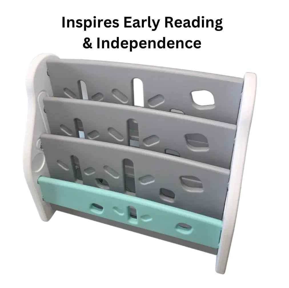 Kids Book Display Shelf – Montessori-Inspired Bookshelf - Grey/Mint