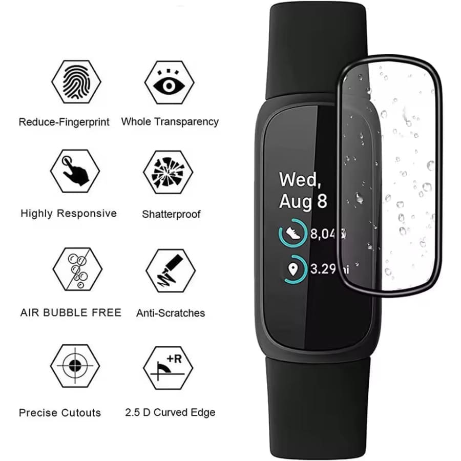 Black Fitbit Inspire 3 screen protector from That Watch Shop, showing the clear protective film on the watch face.