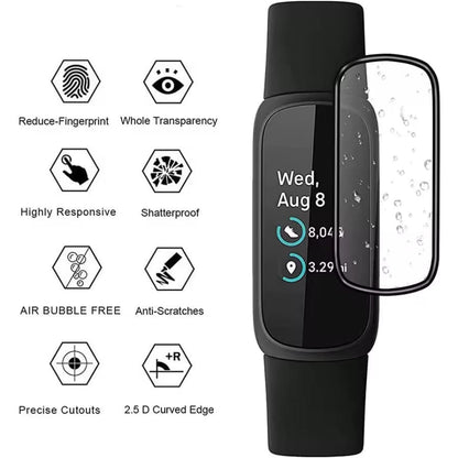 Black Fitbit Inspire 3 screen protector from That Watch Shop, showing the clear protective film on the watch face.