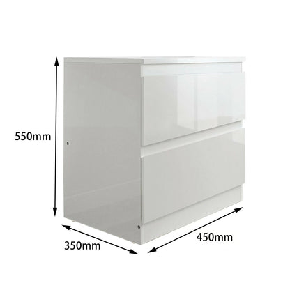 Set of two Sue-e Furniture Monaco bedroom bedside tables and a matching chest of three drawers, featuring sleek modern design.