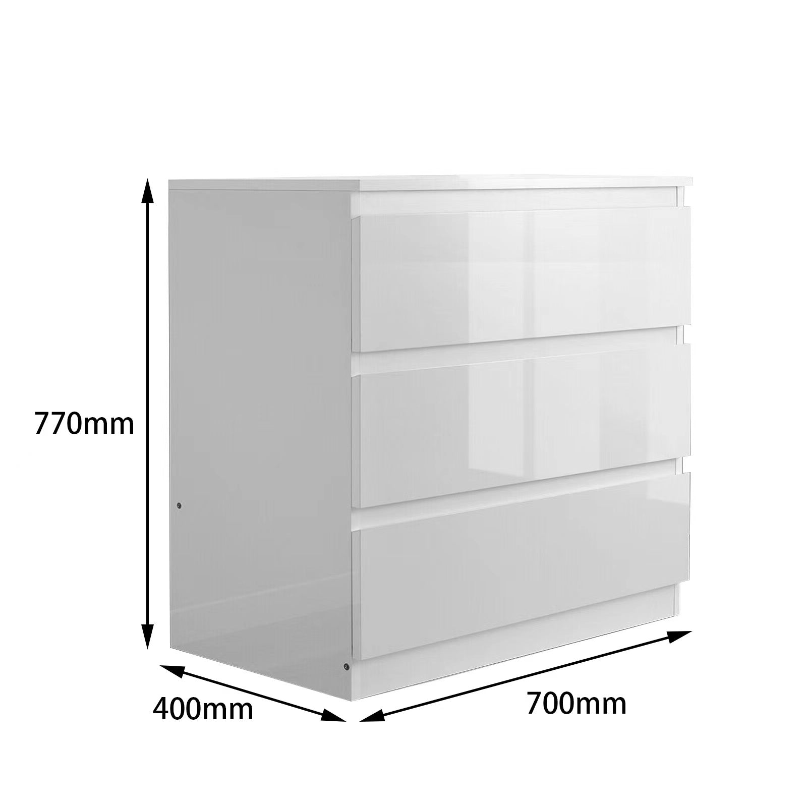 Sue-e Furniture Monaco bedroom set with two bedside tables and a three-drawer chest, featuring sleek wooden finish and modern design.