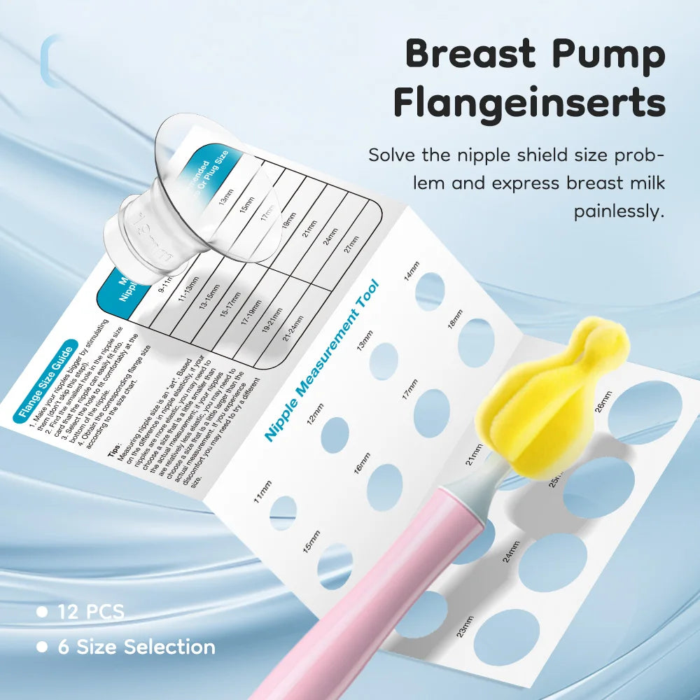 Breast pump flange inserts with measurement tool and nipple shield on a light blue background