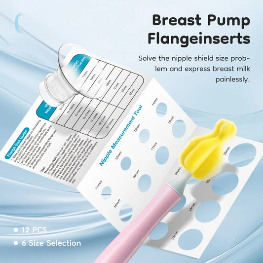 Breast pump flange inserts with measurement tool and nipple shield on a light blue background