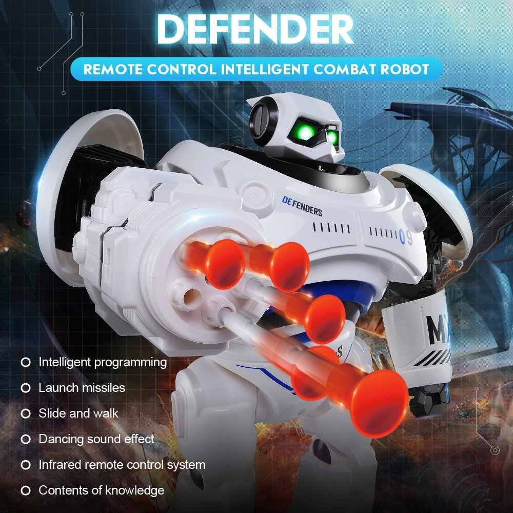 Dealonlinenz intelligent RC police robot with lights, sound, and full control, designed as a programmable combat defender toy.