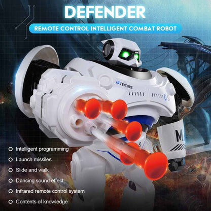Dealonlinenz intelligent RC police robot with lights, sound, and full control, designed as a programmable combat defender toy.