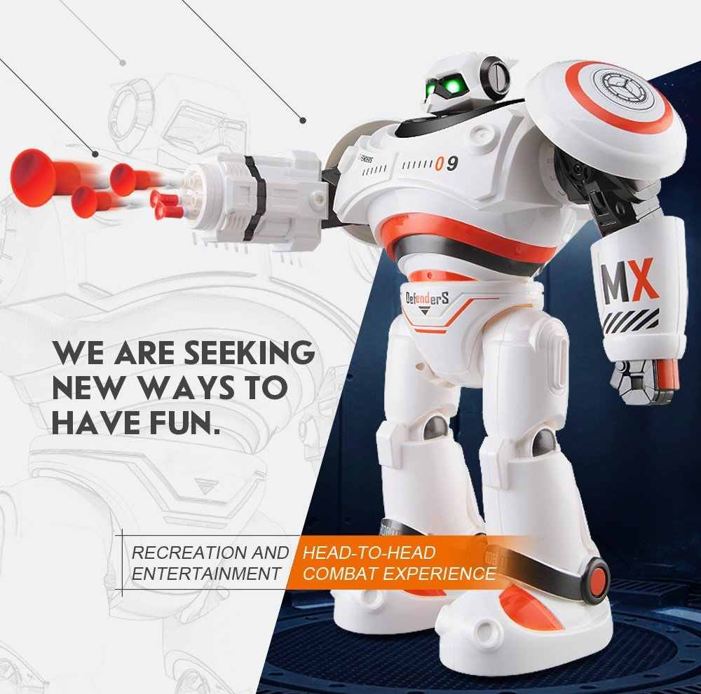 Dealonlinenz intelligent RC police robot with lights, sound, and full remote control, designed as a combat defender toy.
