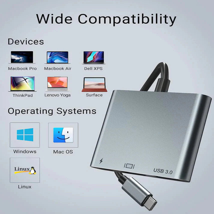 9eight5 USB 3.1-C Type-C to hub adapter connected to a laptop, showcasing multiple ports for expanding connectivity.